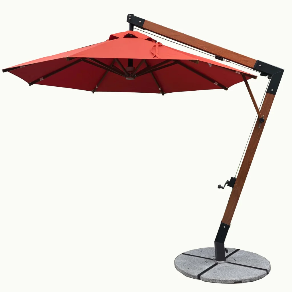 Wooden cantilever umbrella at the beach